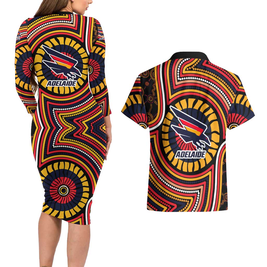 Adelaide Crows Couples Matching Long Sleeve Bodycon Dress and Hawaiian Shirt Indigenous Monochrome Dot Art Mascot Style