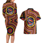 Adelaide Crows Couples Matching Long Sleeve Bodycon Dress and Hawaiian Shirt Indigenous Monochrome Dot Art Mascot Style