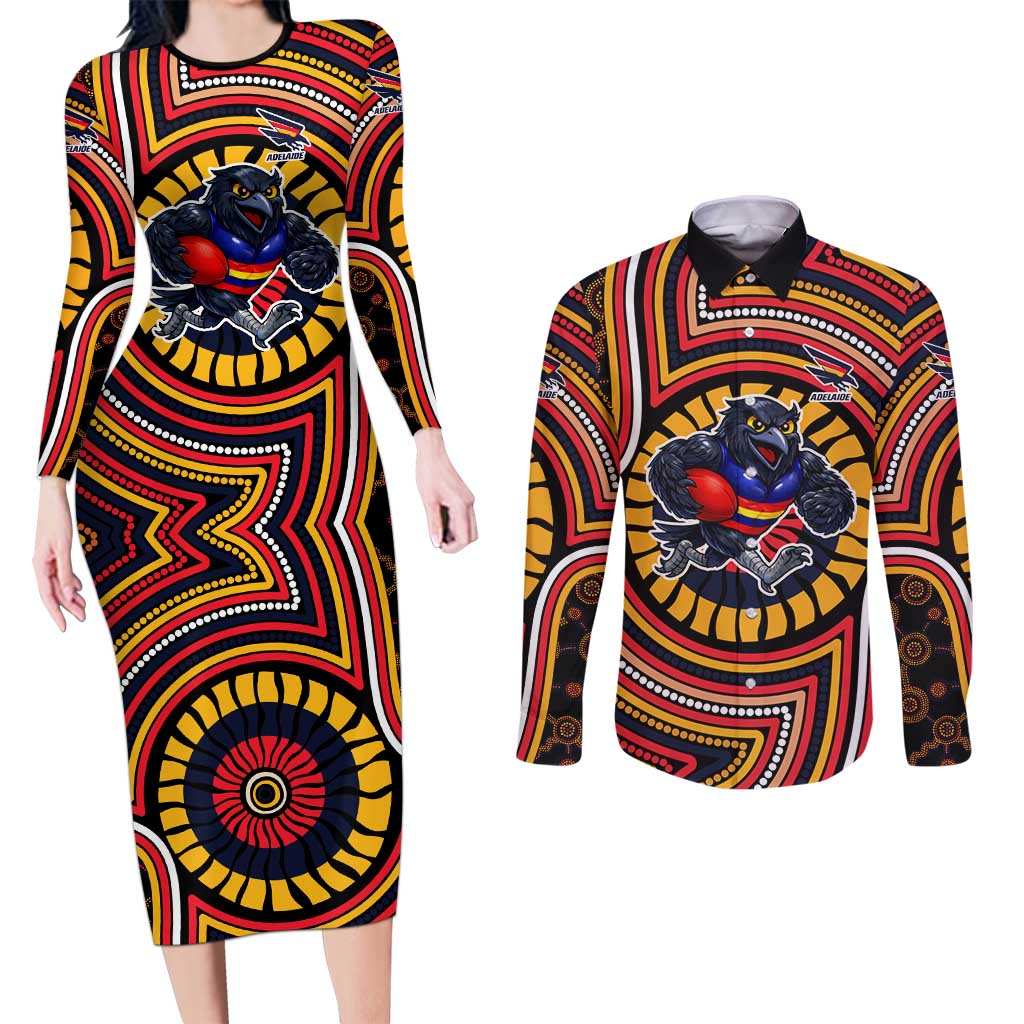 Adelaide Crows Couples Matching Long Sleeve Bodycon Dress and Long Sleeve Button Shirt Indigenous Monochrome Dot Art Mascot Style