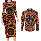 Adelaide Crows Couples Matching Long Sleeve Bodycon Dress and Long Sleeve Button Shirt Indigenous Monochrome Dot Art Mascot Style