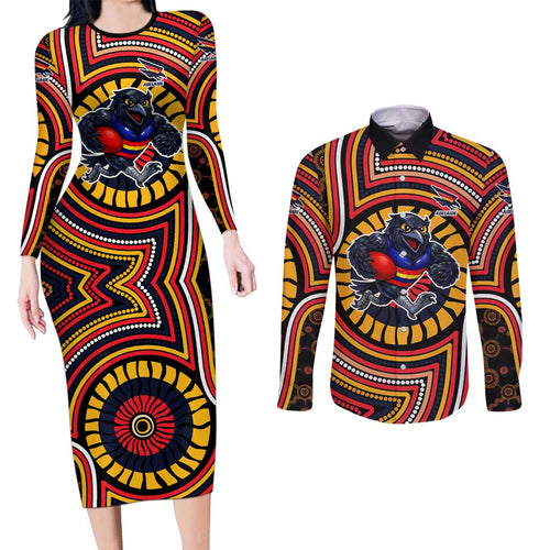 Adelaide Crows Couples Matching Long Sleeve Bodycon Dress and Long Sleeve Button Shirt Indigenous Monochrome Dot Art Mascot Style