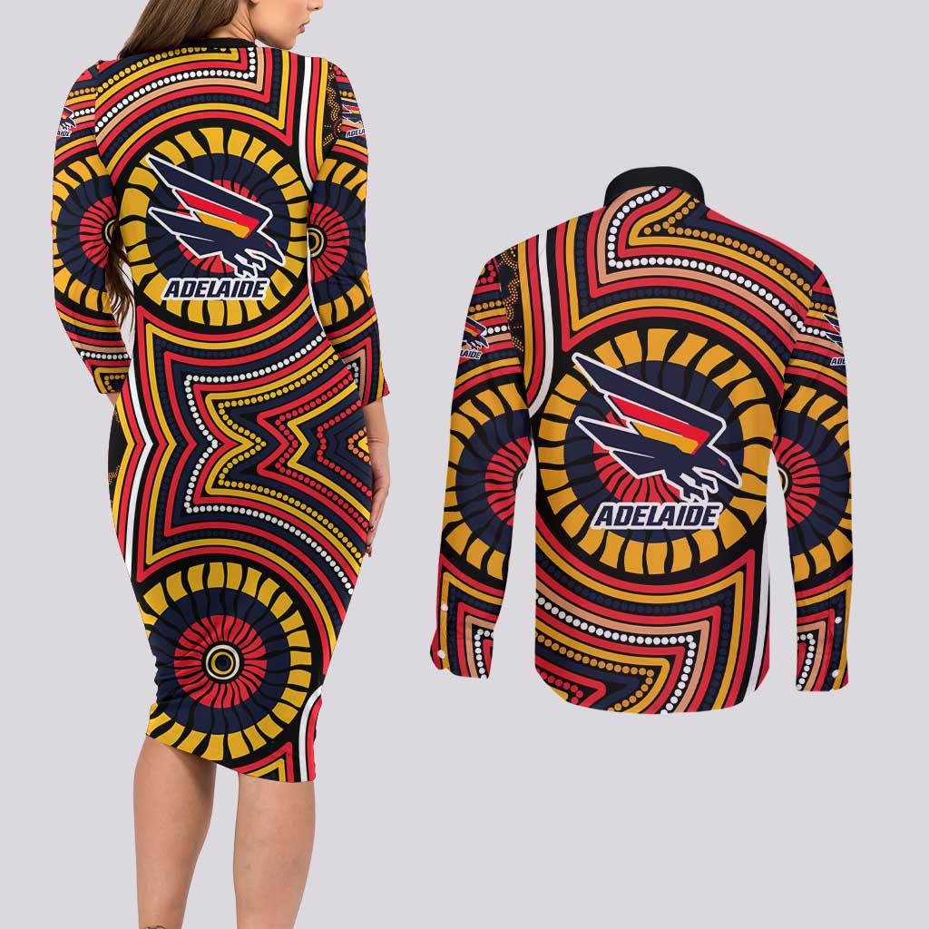 Adelaide Crows Couples Matching Long Sleeve Bodycon Dress and Long Sleeve Button Shirt Indigenous Monochrome Dot Art Mascot Style