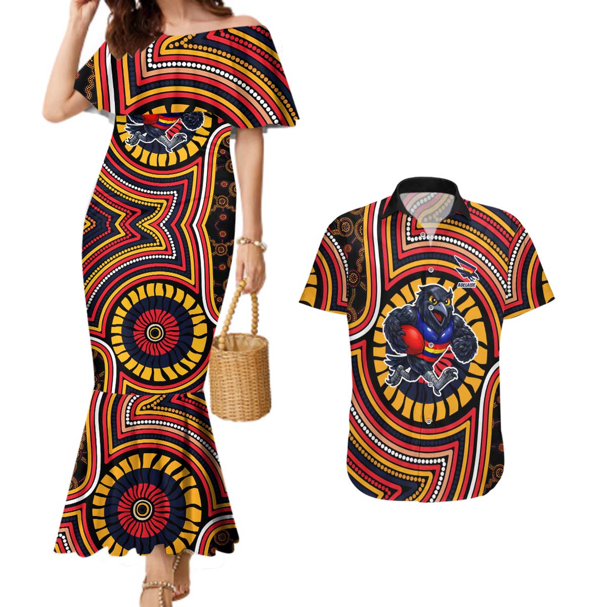 Adelaide Crows Couples Matching Mermaid Dress and Hawaiian Shirt Indigenous Monochrome Dot Art Mascot Style