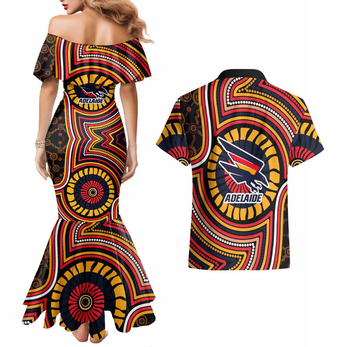 Adelaide Crows Couples Matching Mermaid Dress and Hawaiian Shirt Indigenous Monochrome Dot Art Mascot Style