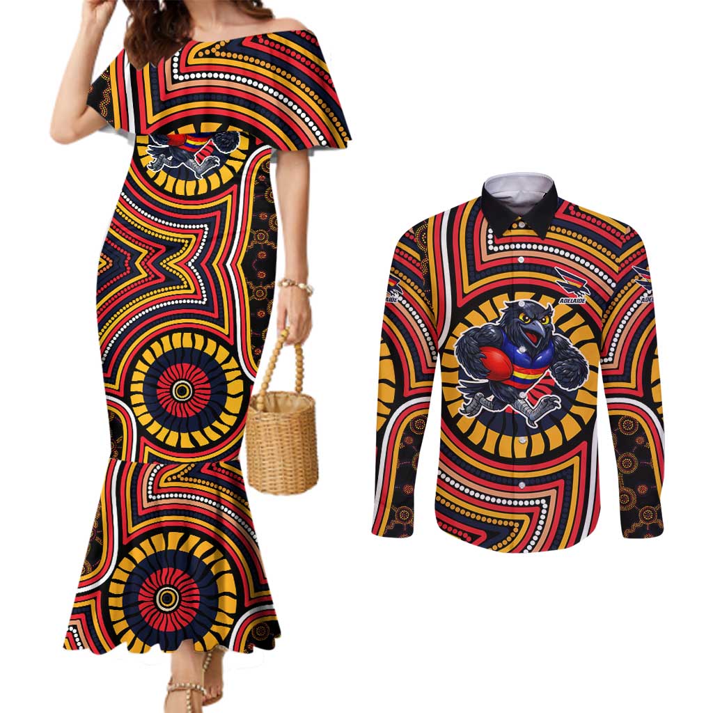 Adelaide Crows Couples Matching Mermaid Dress and Long Sleeve Button Shirt Indigenous Monochrome Dot Art Mascot Style