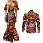 Adelaide Crows Couples Matching Mermaid Dress and Long Sleeve Button Shirt Indigenous Monochrome Dot Art Mascot Style