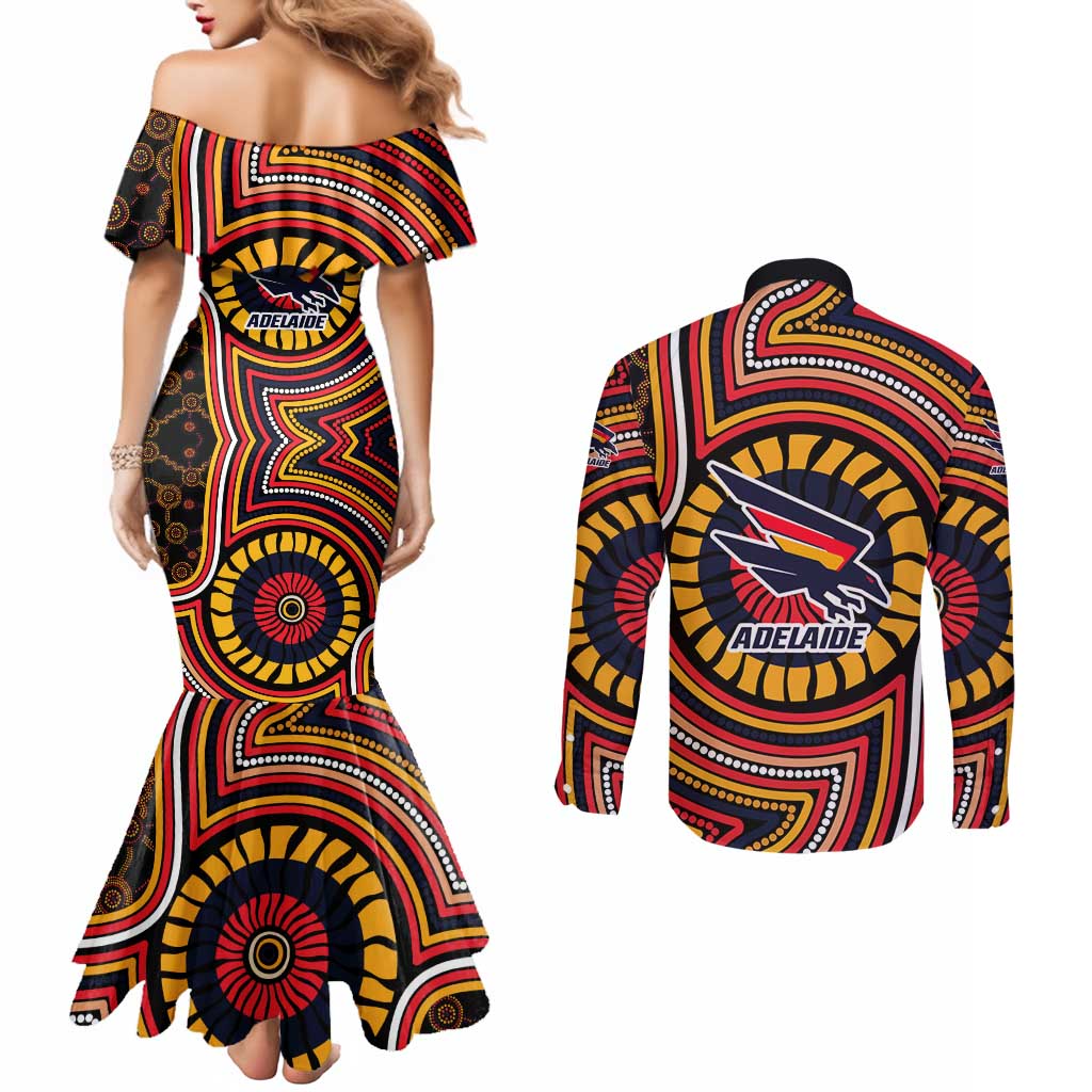 Adelaide Crows Couples Matching Mermaid Dress and Long Sleeve Button Shirt Indigenous Monochrome Dot Art Mascot Style