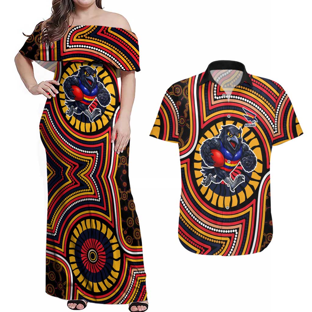 Adelaide Crows Couples Matching Off Shoulder Maxi Dress and Hawaiian Shirt Indigenous Monochrome Dot Art Mascot Style