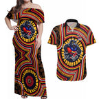 Adelaide Crows Couples Matching Off Shoulder Maxi Dress and Hawaiian Shirt Indigenous Monochrome Dot Art Mascot Style