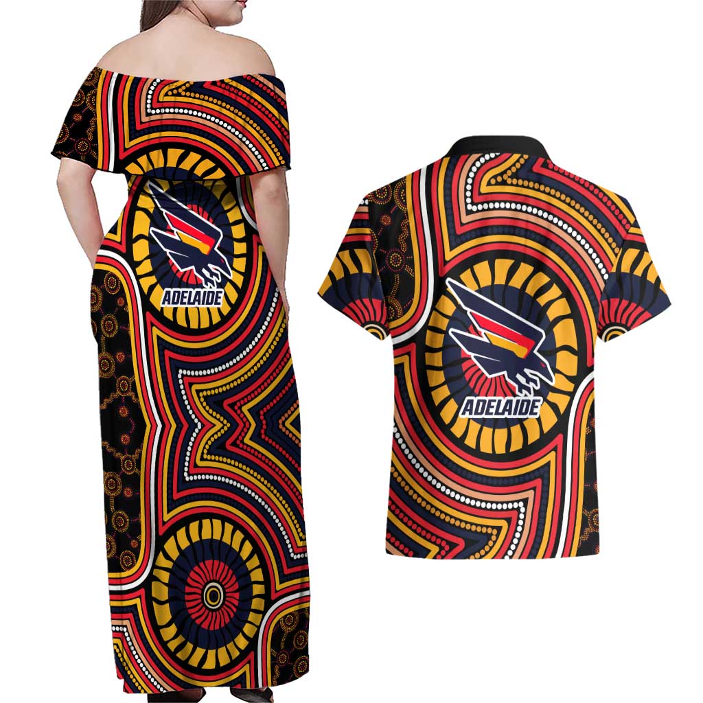 Adelaide Crows Couples Matching Off Shoulder Maxi Dress and Hawaiian Shirt Indigenous Monochrome Dot Art Mascot Style