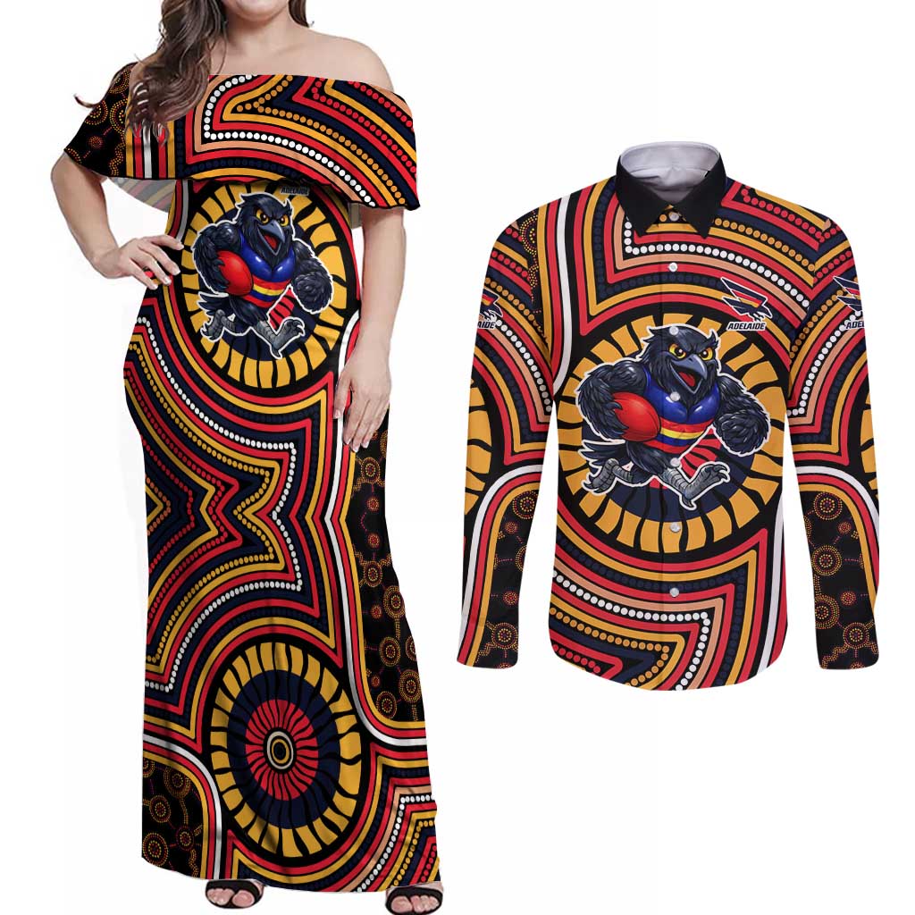 Adelaide Crows Couples Matching Off Shoulder Maxi Dress and Long Sleeve Button Shirt Indigenous Monochrome Dot Art Mascot Style