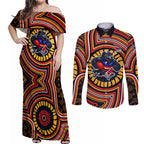 Adelaide Crows Couples Matching Off Shoulder Maxi Dress and Long Sleeve Button Shirt Indigenous Monochrome Dot Art Mascot Style