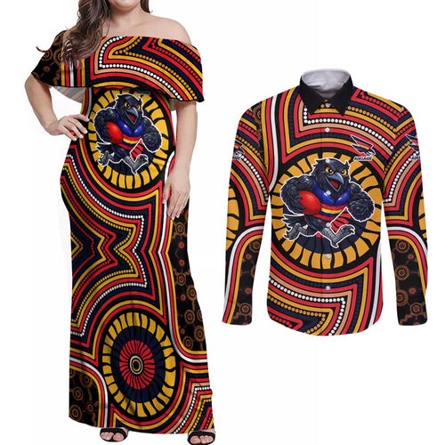 Adelaide Crows Couples Matching Off Shoulder Maxi Dress and Long Sleeve Button Shirt Indigenous Monochrome Dot Art Mascot Style