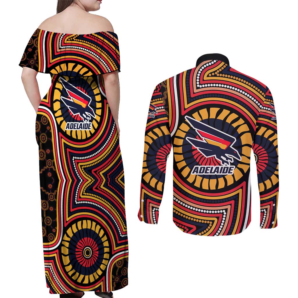 Adelaide Crows Couples Matching Off Shoulder Maxi Dress and Long Sleeve Button Shirt Indigenous Monochrome Dot Art Mascot Style