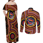 Adelaide Crows Couples Matching Off Shoulder Maxi Dress and Long Sleeve Button Shirt Indigenous Monochrome Dot Art Mascot Style