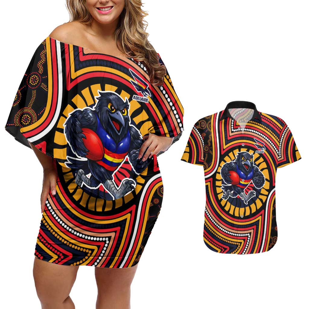 Adelaide Crows Couples Matching Off Shoulder Short Dress and Hawaiian Shirt Indigenous Monochrome Dot Art Mascot Style
