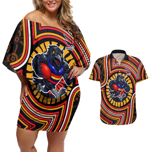 Adelaide Crows Couples Matching Off Shoulder Short Dress and Hawaiian Shirt Indigenous Monochrome Dot Art Mascot Style