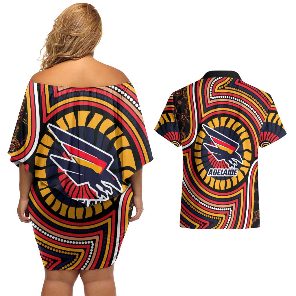 Adelaide Crows Couples Matching Off Shoulder Short Dress and Hawaiian Shirt Indigenous Monochrome Dot Art Mascot Style