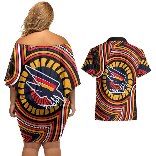 Adelaide Crows Couples Matching Off Shoulder Short Dress and Hawaiian Shirt Indigenous Monochrome Dot Art Mascot Style