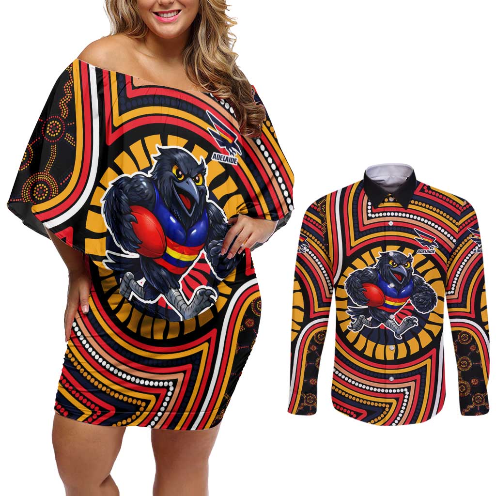 Adelaide Crows Couples Matching Off Shoulder Short Dress and Long Sleeve Button Shirt Indigenous Monochrome Dot Art Mascot Style