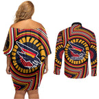 Adelaide Crows Couples Matching Off Shoulder Short Dress and Long Sleeve Button Shirt Indigenous Monochrome Dot Art Mascot Style