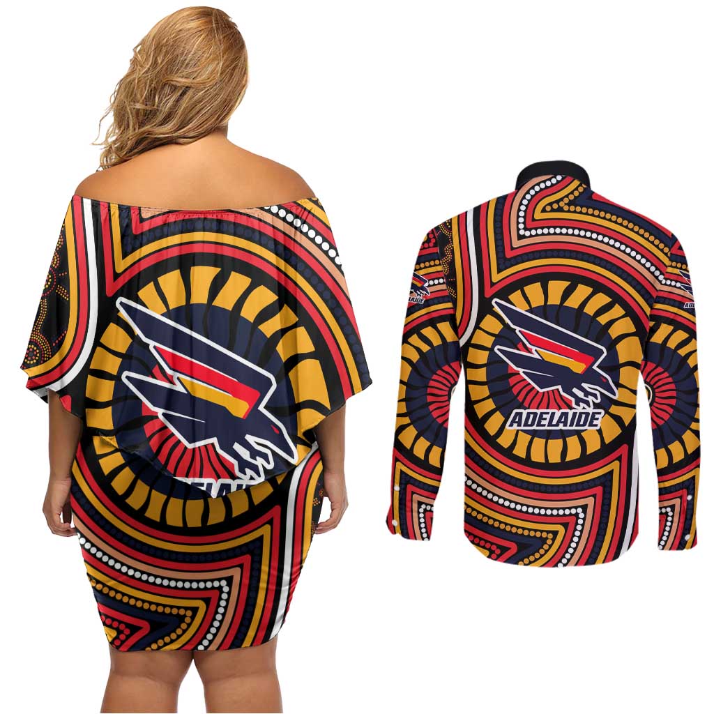 Adelaide Crows Couples Matching Off Shoulder Short Dress and Long Sleeve Button Shirt Indigenous Monochrome Dot Art Mascot Style