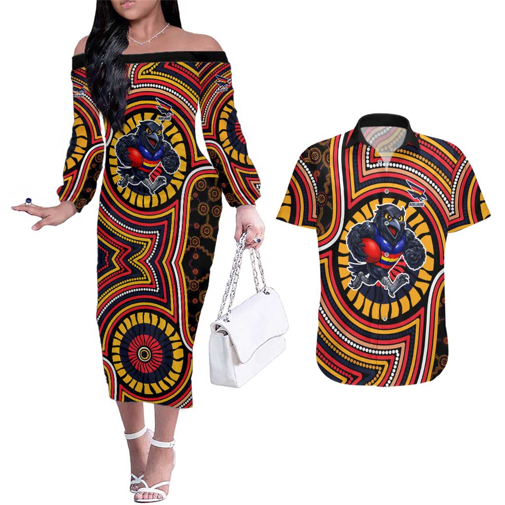 Adelaide Crows Couples Matching Off The Shoulder Long Sleeve Dress and Hawaiian Shirt Indigenous Monochrome Dot Art Mascot Style