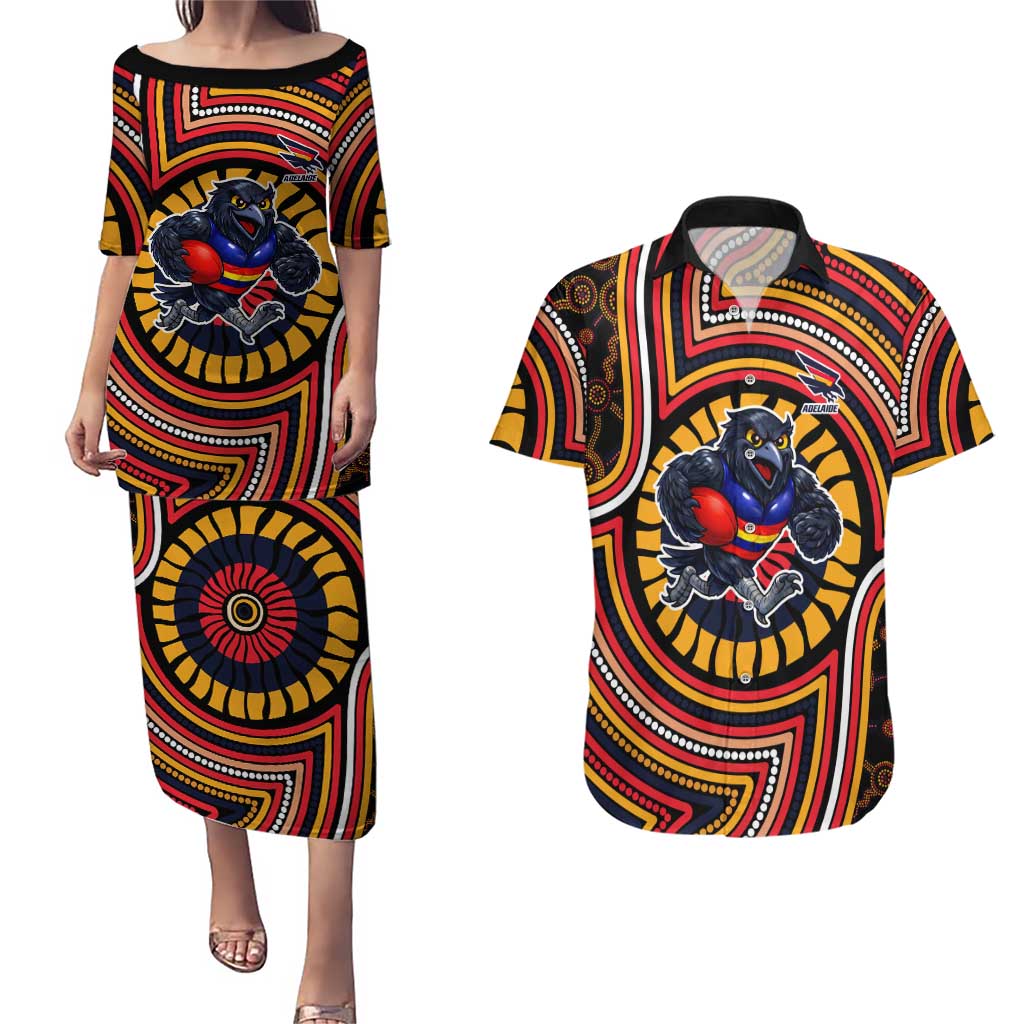 Adelaide Crows Couples Matching Puletasi and Hawaiian Shirt Indigenous Monochrome Dot Art Mascot Style