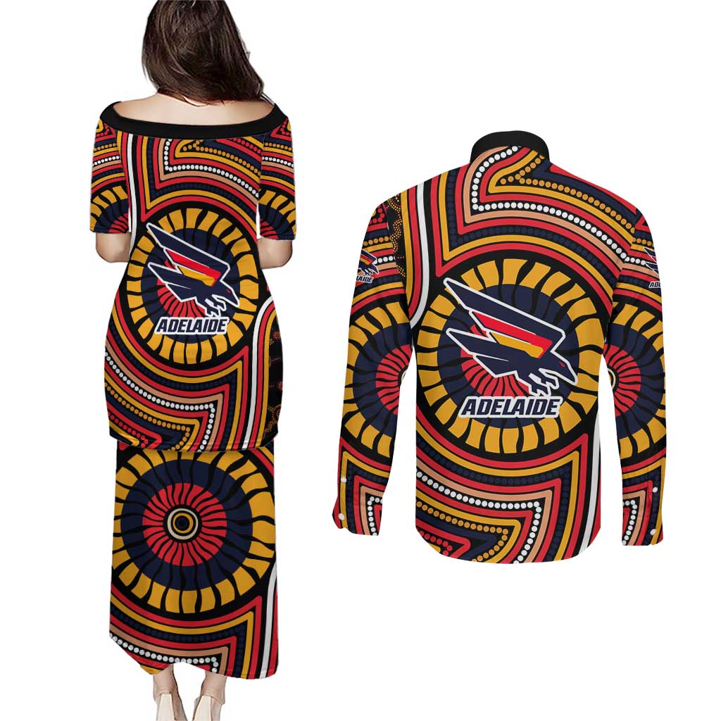 Adelaide Crows Couples Matching Puletasi and Long Sleeve Button Shirt Indigenous Monochrome Dot Art Mascot Style