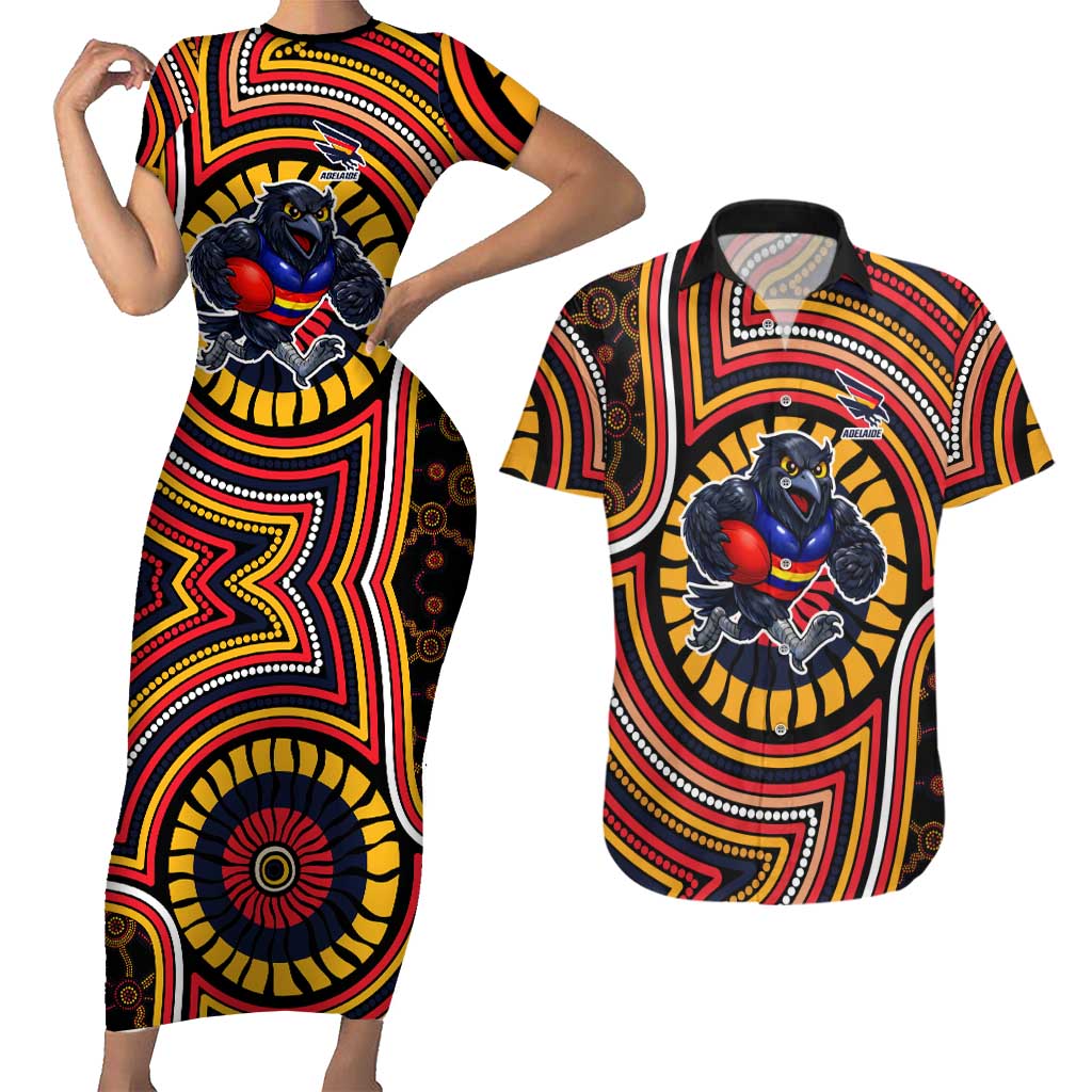 Adelaide Crows Couples Matching Short Sleeve Bodycon Dress and Hawaiian Shirt Indigenous Monochrome Dot Art Mascot Style