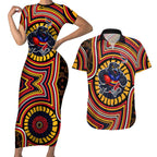 Adelaide Crows Couples Matching Short Sleeve Bodycon Dress and Hawaiian Shirt Indigenous Monochrome Dot Art Mascot Style