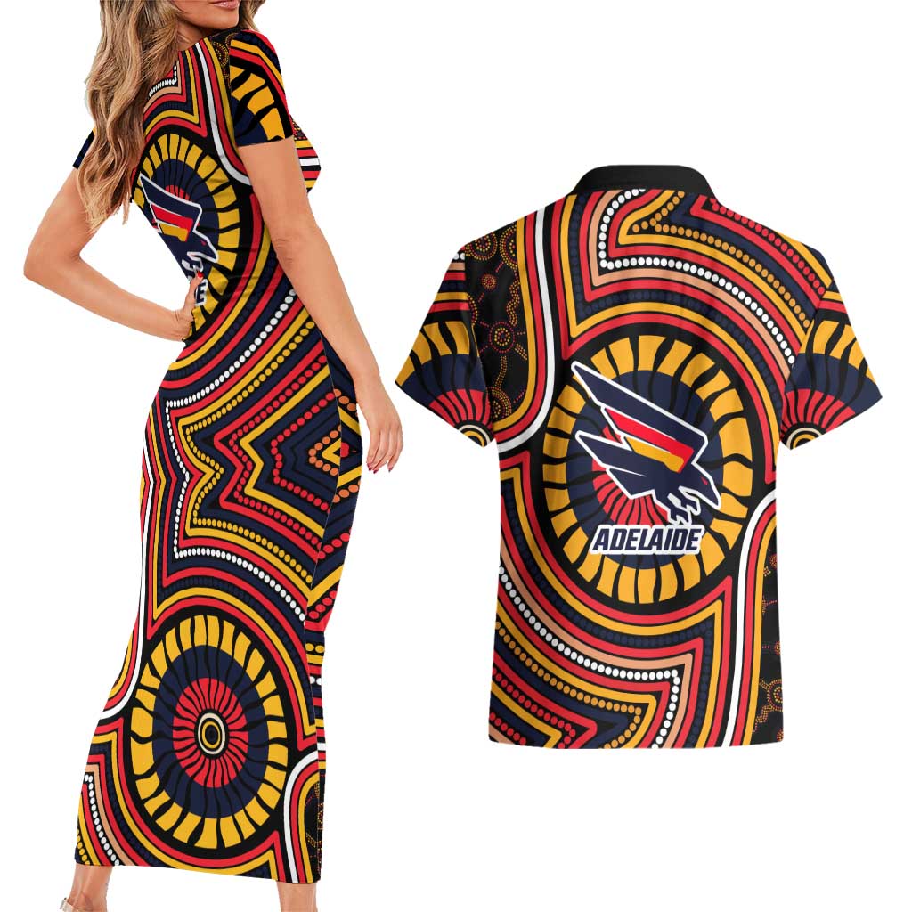 Adelaide Crows Couples Matching Short Sleeve Bodycon Dress and Hawaiian Shirt Indigenous Monochrome Dot Art Mascot Style