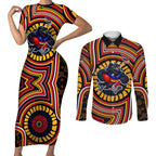 Adelaide Crows Couples Matching Short Sleeve Bodycon Dress and Long Sleeve Button Shirt Indigenous Monochrome Dot Art Mascot Style