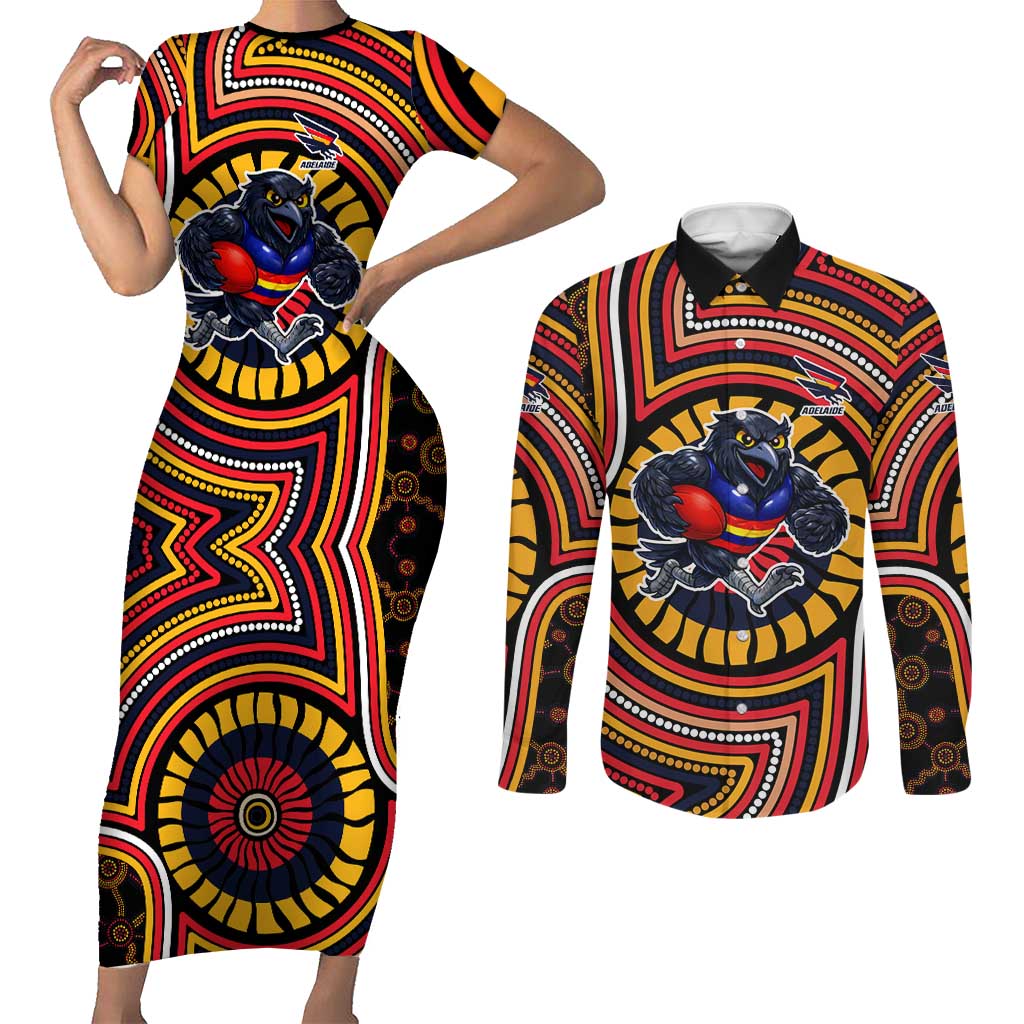 Adelaide Crows Couples Matching Short Sleeve Bodycon Dress and Long Sleeve Button Shirt Indigenous Monochrome Dot Art Mascot Style