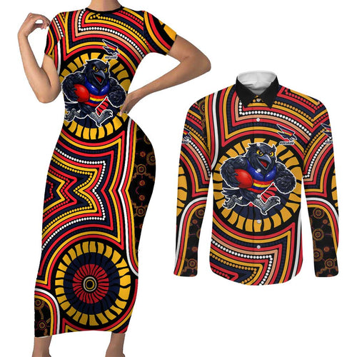 Adelaide Crows Couples Matching Short Sleeve Bodycon Dress and Long Sleeve Button Shirt Indigenous Monochrome Dot Art Mascot Style
