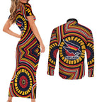 Adelaide Crows Couples Matching Short Sleeve Bodycon Dress and Long Sleeve Button Shirt Indigenous Monochrome Dot Art Mascot Style