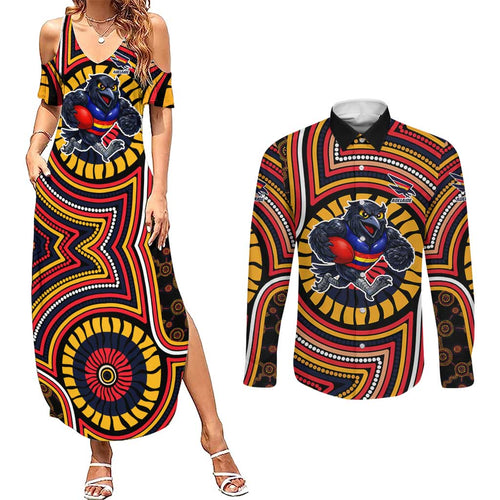 Adelaide Crows Couples Matching Summer Maxi Dress and Long Sleeve Button Shirt Indigenous Monochrome Dot Art Mascot Style