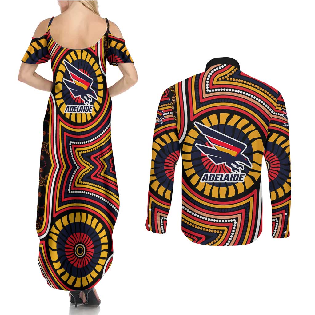 Adelaide Crows Couples Matching Summer Maxi Dress and Long Sleeve Button Shirt Indigenous Monochrome Dot Art Mascot Style
