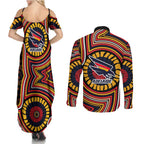 Adelaide Crows Couples Matching Summer Maxi Dress and Long Sleeve Button Shirt Indigenous Monochrome Dot Art Mascot Style