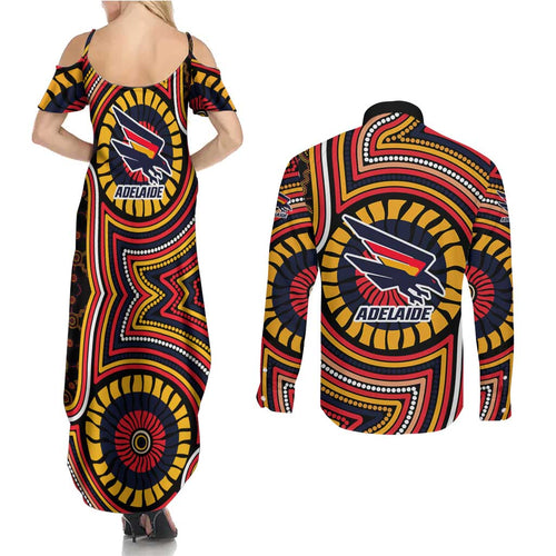 Adelaide Crows Couples Matching Summer Maxi Dress and Long Sleeve Button Shirt Indigenous Monochrome Dot Art Mascot Style