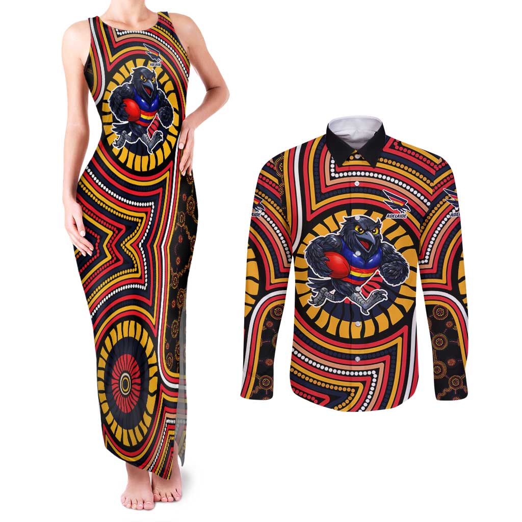 Adelaide Crows Couples Matching Tank Maxi Dress and Long Sleeve Button Shirt Indigenous Monochrome Dot Art Mascot Style
