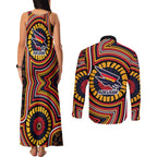 Adelaide Crows Couples Matching Tank Maxi Dress and Long Sleeve Button Shirt Indigenous Monochrome Dot Art Mascot Style