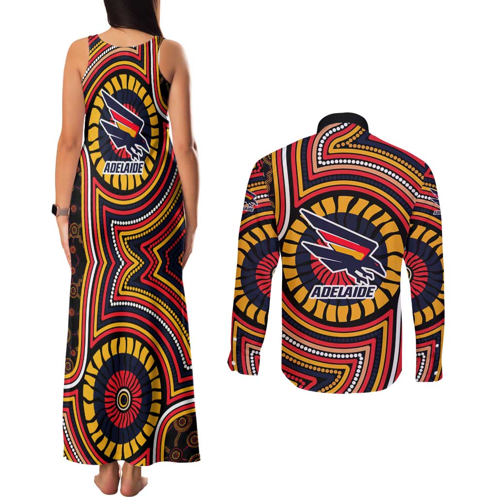 Adelaide Crows Couples Matching Tank Maxi Dress and Long Sleeve Button Shirt Indigenous Monochrome Dot Art Mascot Style