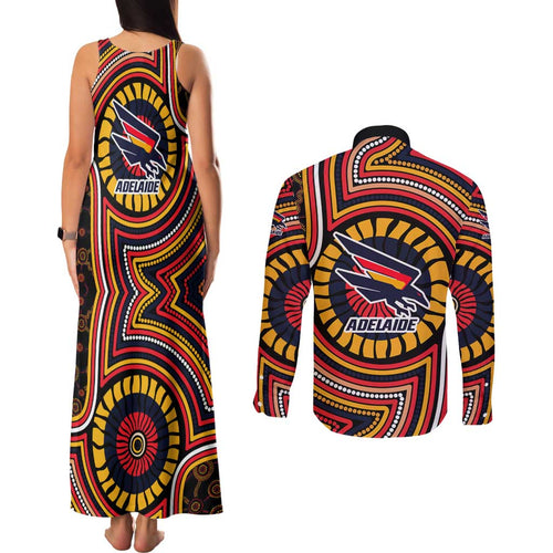 Adelaide Crows Couples Matching Tank Maxi Dress and Long Sleeve Button Shirt Indigenous Monochrome Dot Art Mascot Style