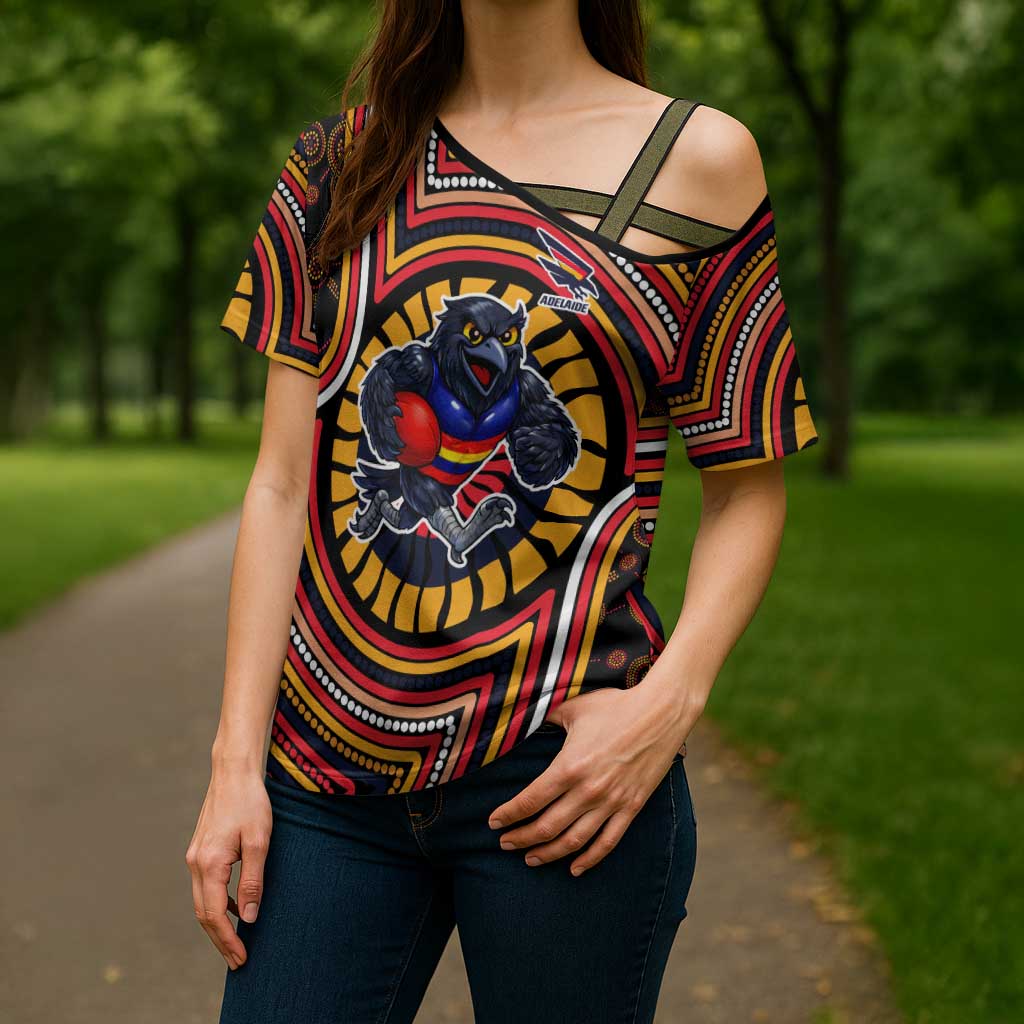 Adelaide Crows Cross Shoulder Shirt Indigenous Monochrome Dot Art Mascot Style