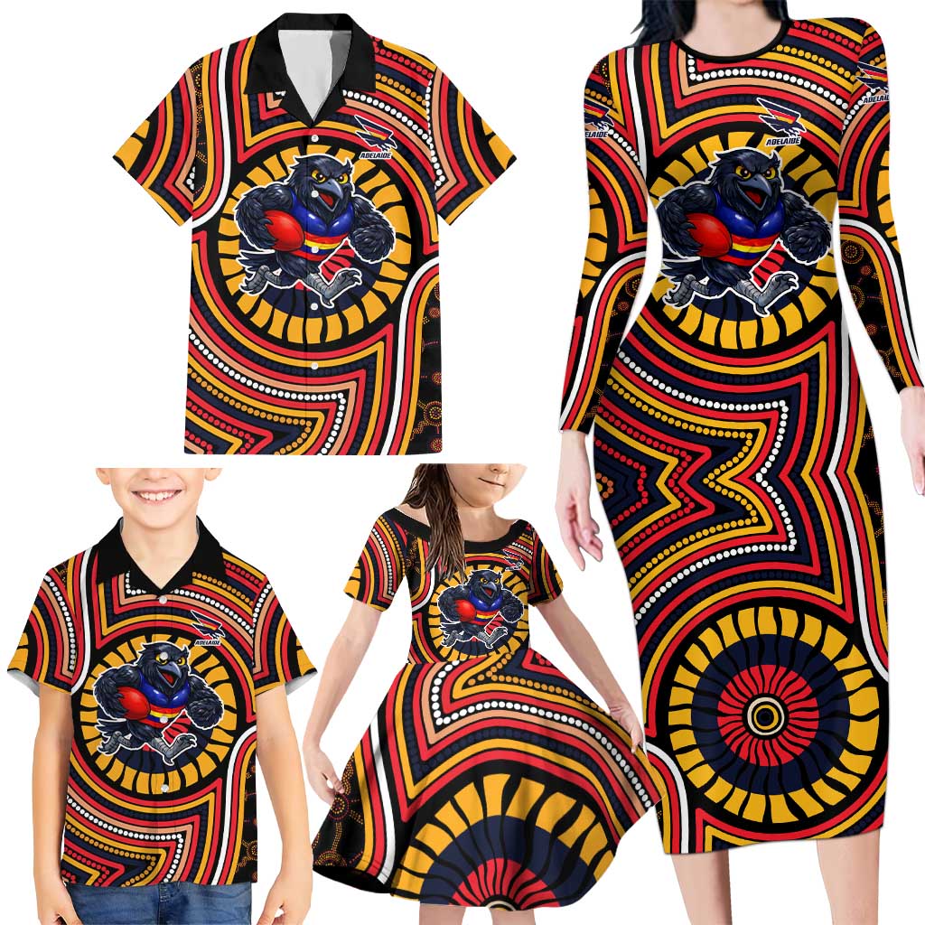 Adelaide Crows Family Matching Long Sleeve Bodycon Dress and Hawaiian Shirt Indigenous Monochrome Dot Art Mascot Style