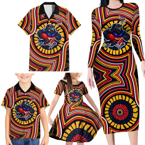 Adelaide Crows Family Matching Long Sleeve Bodycon Dress and Hawaiian Shirt Indigenous Monochrome Dot Art Mascot Style