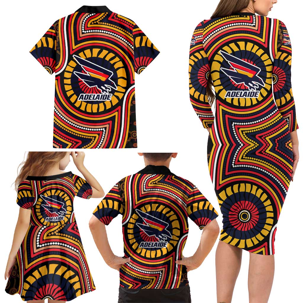 Adelaide Crows Family Matching Long Sleeve Bodycon Dress and Hawaiian Shirt Indigenous Monochrome Dot Art Mascot Style