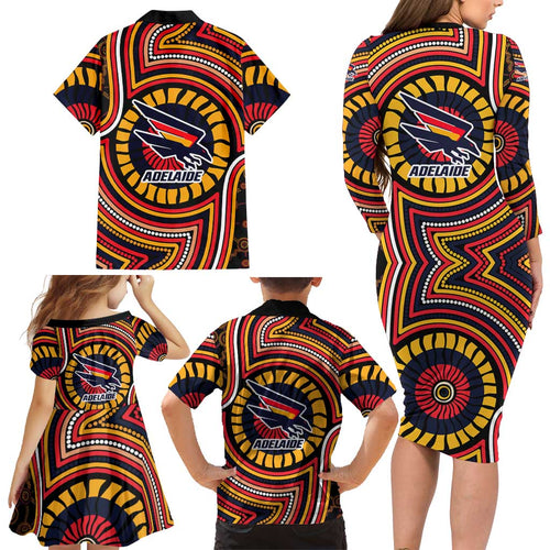 Adelaide Crows Family Matching Long Sleeve Bodycon Dress and Hawaiian Shirt Indigenous Monochrome Dot Art Mascot Style
