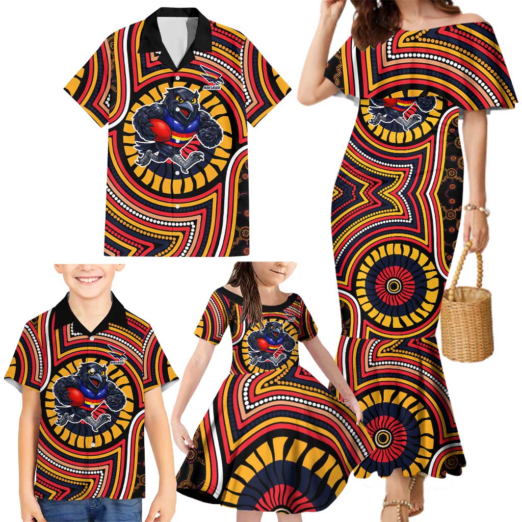 Adelaide Crows Family Matching Mermaid Dress and Hawaiian Shirt Indigenous Monochrome Dot Art Mascot Style
